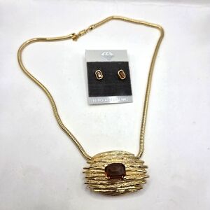 CCI Liza Necklace Earrings Amber Color Stone Gold Tone Vtg Revival Art Deco 18"